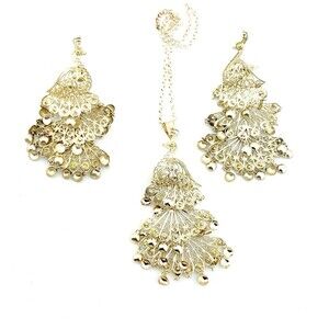 Vintage 900 Silver Peacock Pendant Brooch Necklace Earrings Set Filigree Work